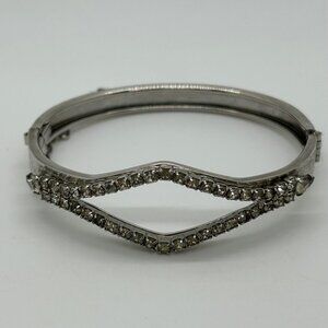 Vintage Silver-Tone Hinged Bangle Bracelet With Rhinestone Accents & Safety Chai